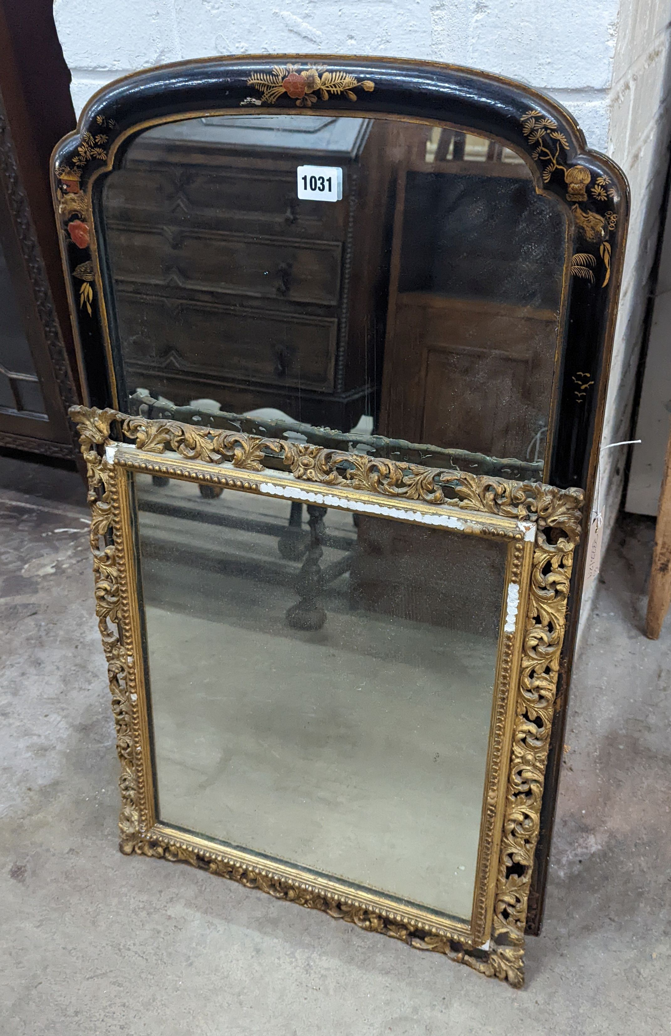 An early 20th century rectangular chinoiserie lacquer wall mirror, width 45cm, height 78cm together with a square giltwood and gesso wall mirror